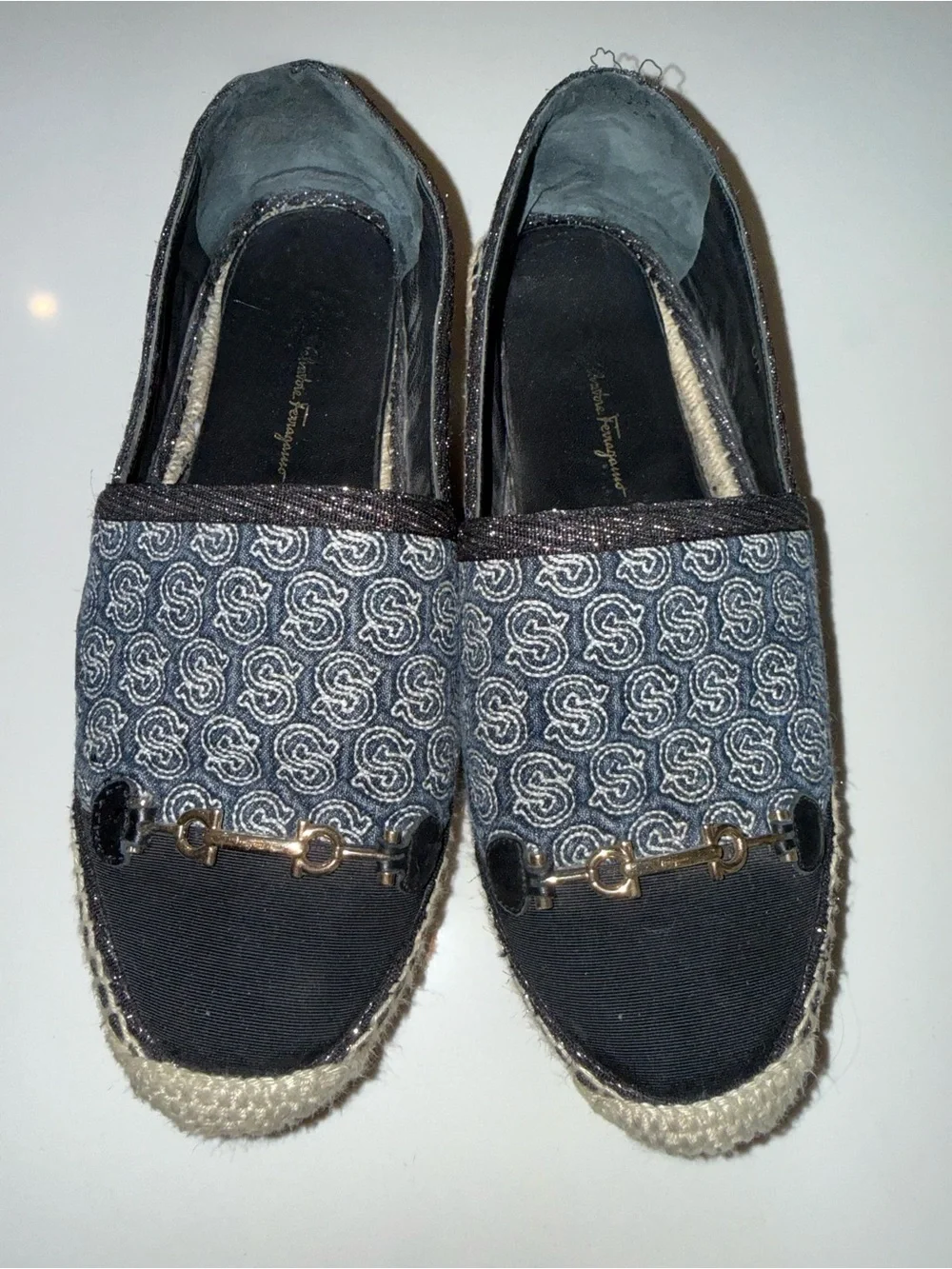 Salvatore Ferragamo Navy Patterned Canvas Espadrille Loafers with Gold Bit